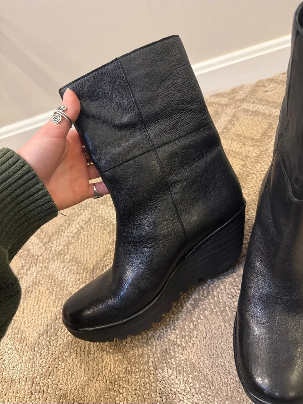 Fly London women’s black leather wedge boots zip up with silver hardware chunky